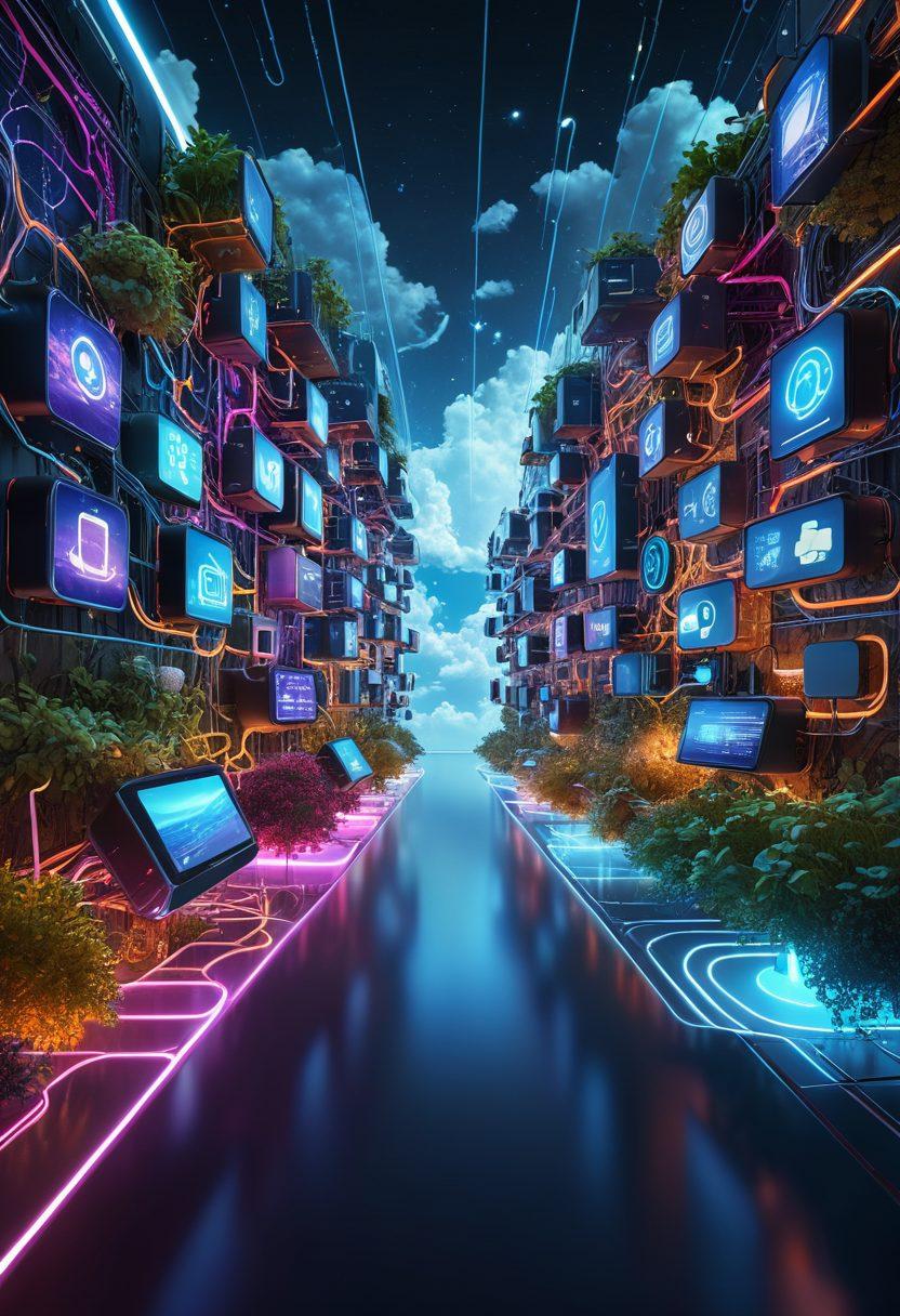 A vibrant digital ecosystem interconnected by various online platforms; a central hub representing IHFC with glowing pathways extending to illustrate social media, websites, and digital marketing tools. Include icons and elements like servers, clouds, and user interactions. super-realistic. vibrant colors. futuristic. 3D.
