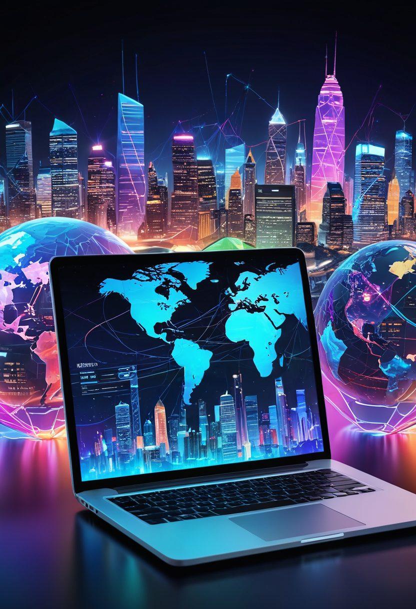 A futuristic digital landscape with interconnected web components, showcasing a sleek laptop, smartphone, and tablet displaying vibrant, seamless websites. In the background, an abstract holographic globe with data streams connecting various parts of the world. A bustling, high-tech cityscape faintly visible in the distance. super-realistic. vibrant colors. 3D.
