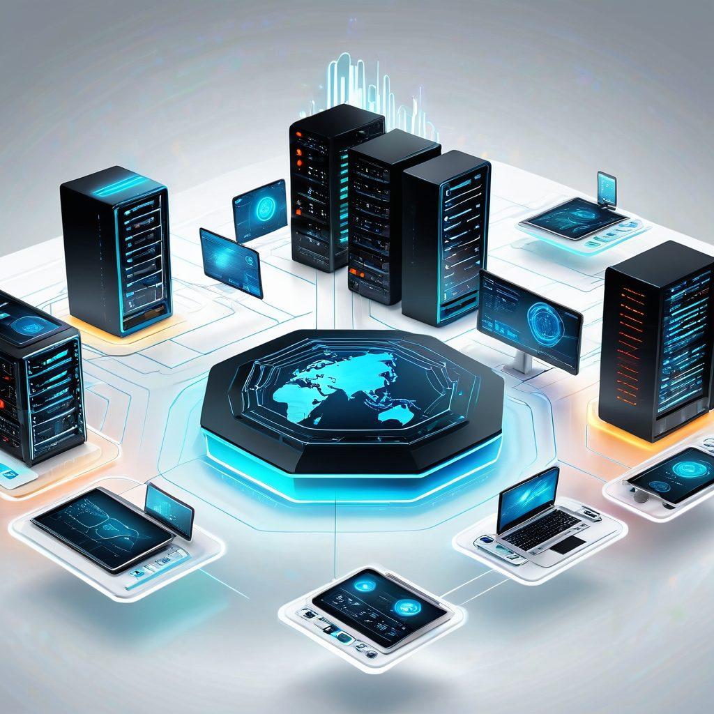 A sleek futuristic digital landscape with interconnected servers, websites, and management tools floating seamlessly in the background, symbolizing comprehensive website management. In the foreground, a streamlined user interface with icons such as web hosting, data analytics, security, and content management, all glowing subtly. super-realistic. vibrant colors. white background.